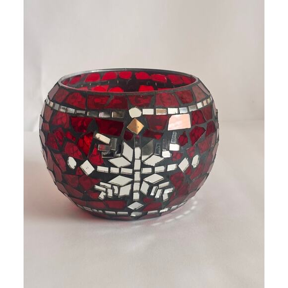Red Glass Mosaic Christmas Holiday CandleHolder Centerpiece w/ Snowflake Accent - Picture 1 of 10